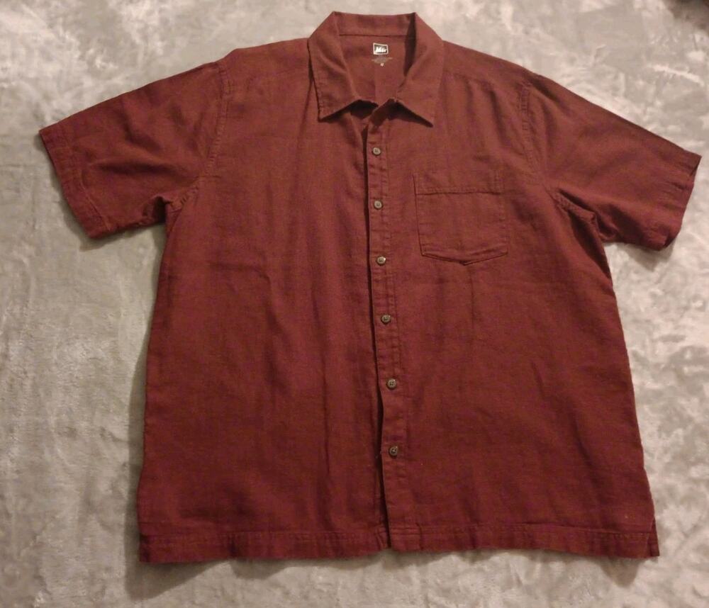 REI Button Up Loop Collar Short Sleeve Shirt Mens XL Hemp/Organic Cotton Blend